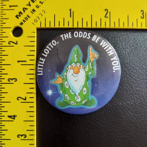 Vintage The Odds Be with You Play Little Lotto Pin Button Wizard Gamble 2 1/4" - Picture 2 of 4